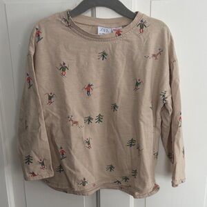 Zara 3-4T Kids Tan Long Sleeve Shirt with Ski and Tree Print